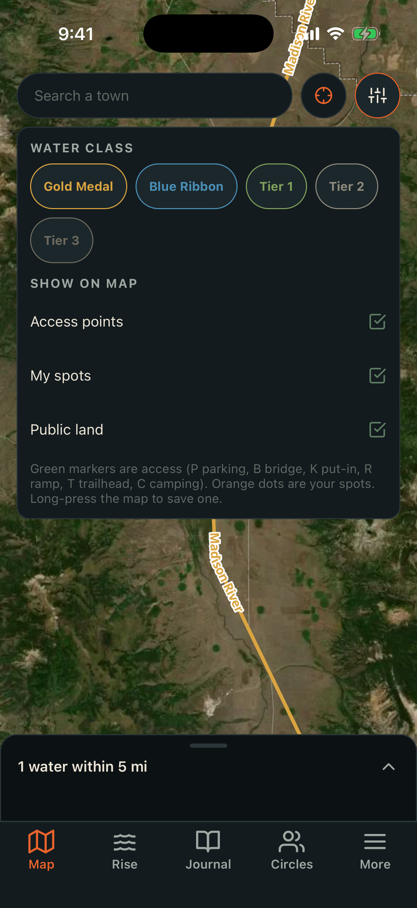 The RiseCast map filter drawer, with water class chips for Gold Medal, Blue Ribbon and tiers one through three, and toggles for access points, my spots, and public land.